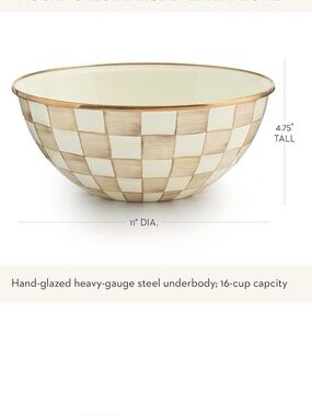 Mackenzie Childs Mocha Check mixing Serving Bowl with Gold Rim Large new